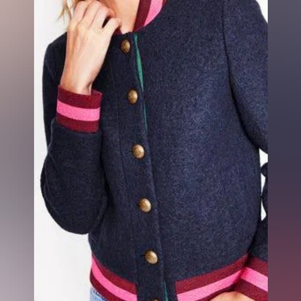 Boden Navy Boiled Wool Blend Bomber Jacket Sz 16 Preppy Academia Back To School - Picture 3 of 14
